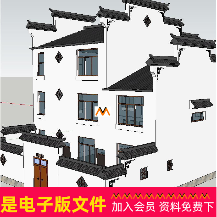 W1386现代三层徽派仿古中式院落别墅农村住宅民居建筑设计SU模型