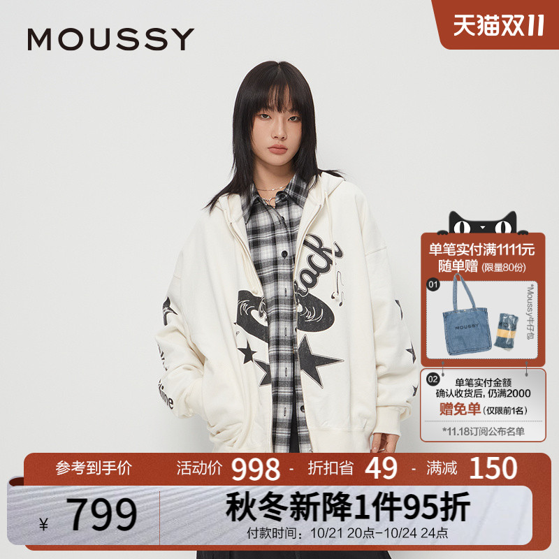 MOUSSY24冬季新品美式复古摇滚音符印花卫衣外套2231