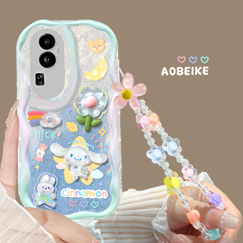 适用于opporeno10手机壳立体花花兔子8\/9pro+全包防摔7se夏季透明渐变闪粉RENO6PRO新款手链女por奶油纹硅胶