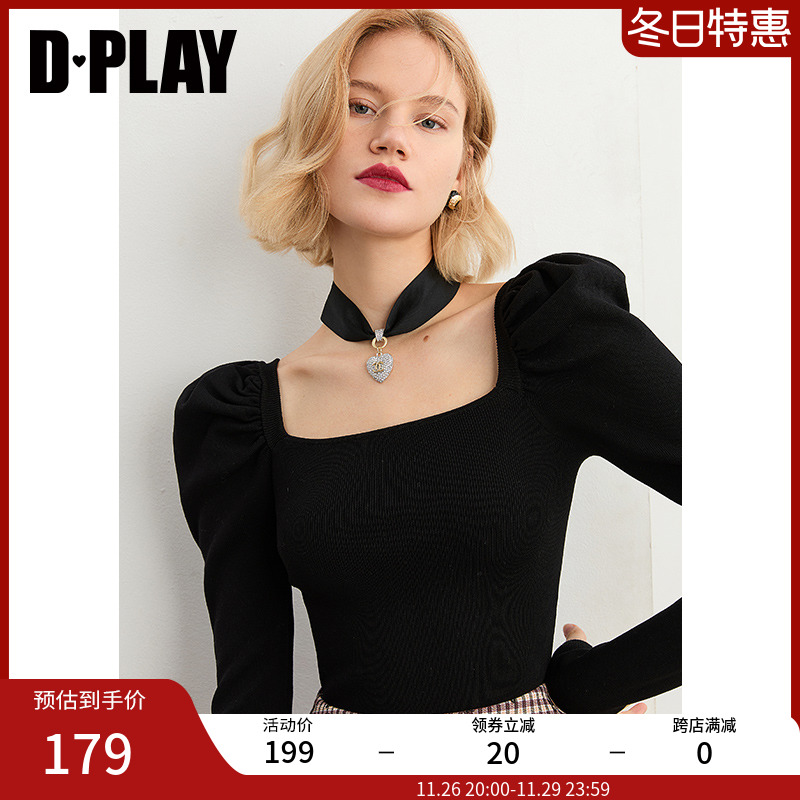 DPLAY秋新复古法式泡泡袖修身气质黑针织衫时尚方领长袖上衣