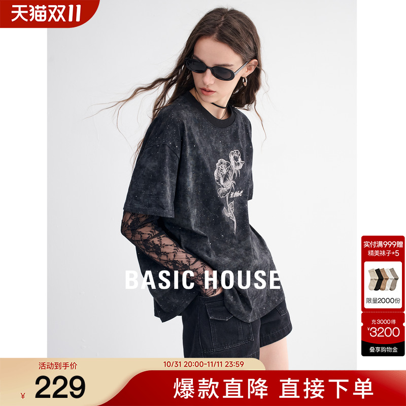 Basic House\/百家好假两件印花长袖T恤2024秋季 y2k千禧辣妹上衣