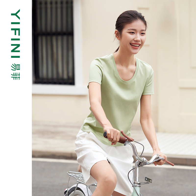 Yifini\/易菲U型领短袖桑蚕丝上衣女宽松显瘦棉质纯色T恤夏装新款