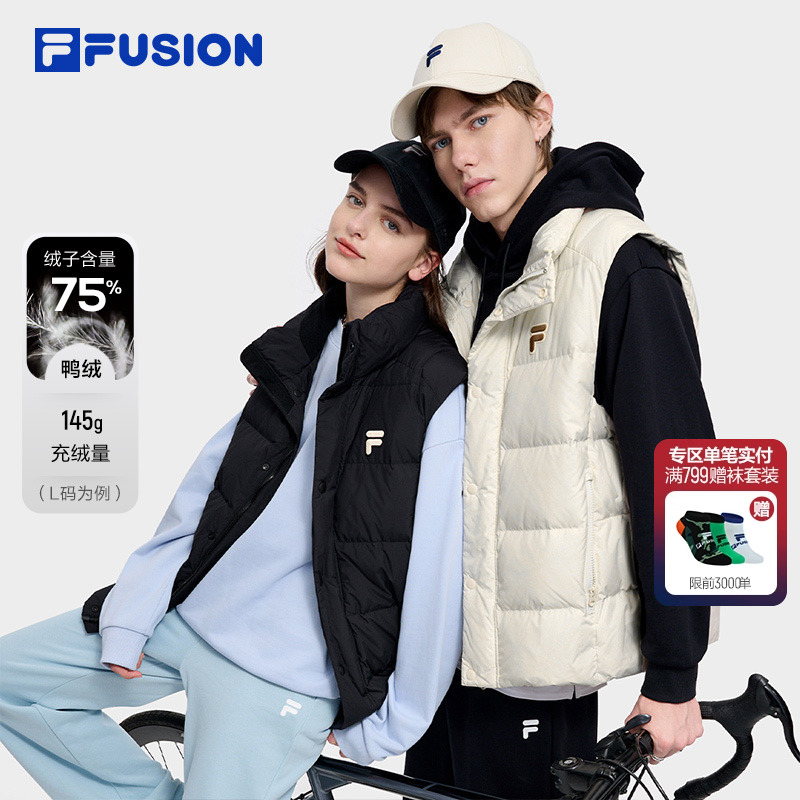 FILA FUSION斐乐潮牌情侣款羽绒马甲2024冬新款时尚简约宽松外套