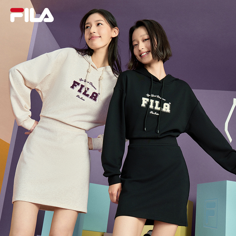 FILA 斐乐连衣裙2024秋季新款运动休闲连帽收腰显瘦打底卫衣长裙