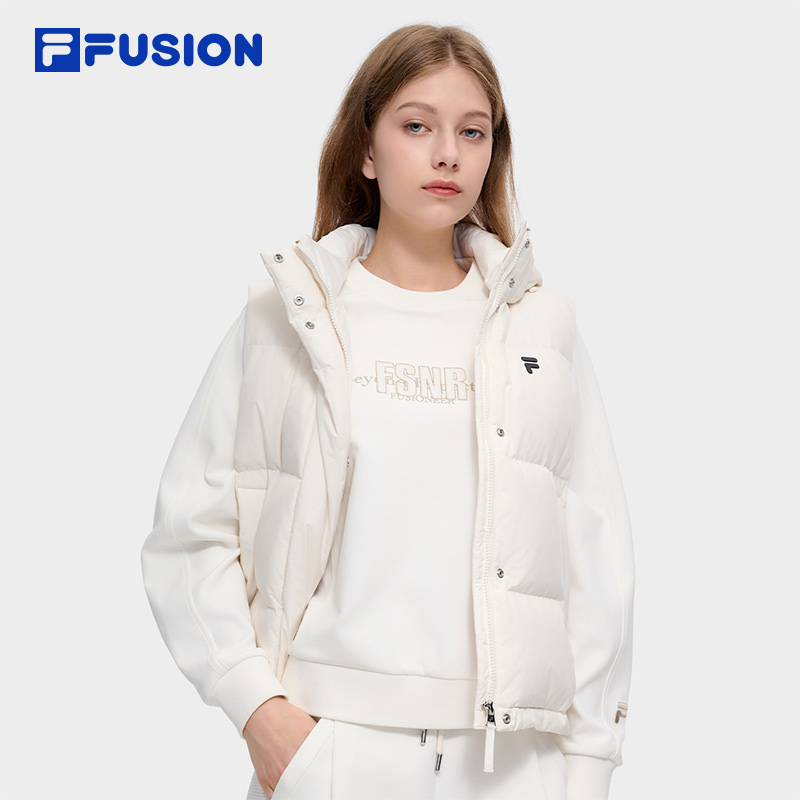 FILA FUSION斐乐潮牌羽绒马甲女2024冬新款休闲基础保暖连帽外套