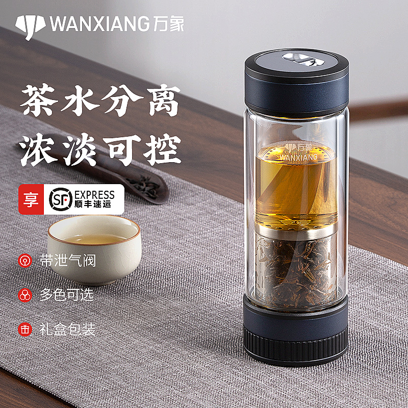 万象茶水分离杯男士水杯高档泡茶杯双层高颜值办公商务车载玻璃杯