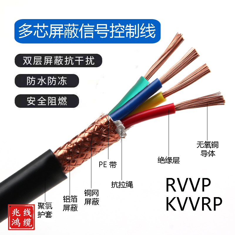 纯铜RVVP屏蔽线2i 3 4 5芯0.3 0.5 0.75 1.52.5平方控制信号电缆