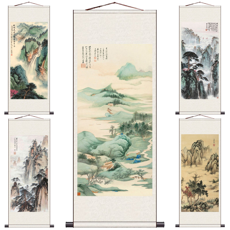 直销新品千山水画仙境山水卷轴挂饰品教室挂画玄关.装饰挂轴送