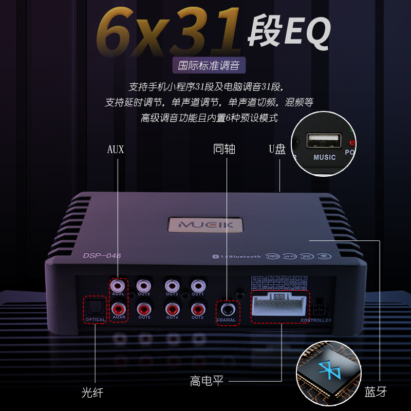 直销新品专用DSP数字汽车功放 31段EQ 6路功放无损安装W 4.1声道