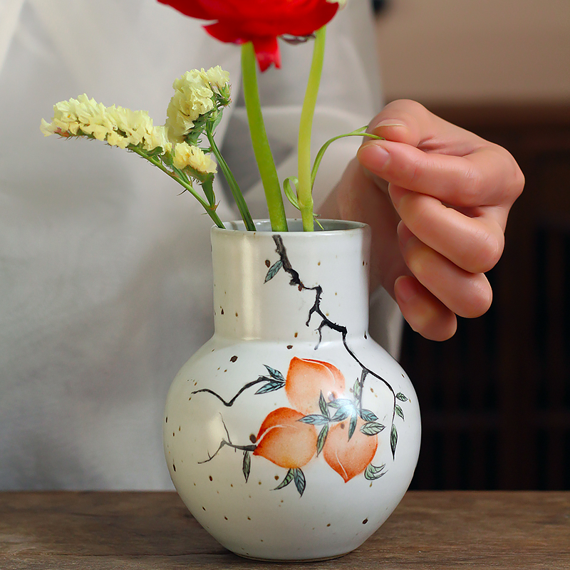 手绘桃子复古中式粗陶花瓶手工葫芦插花陶瓷桌面花器小号居家花插