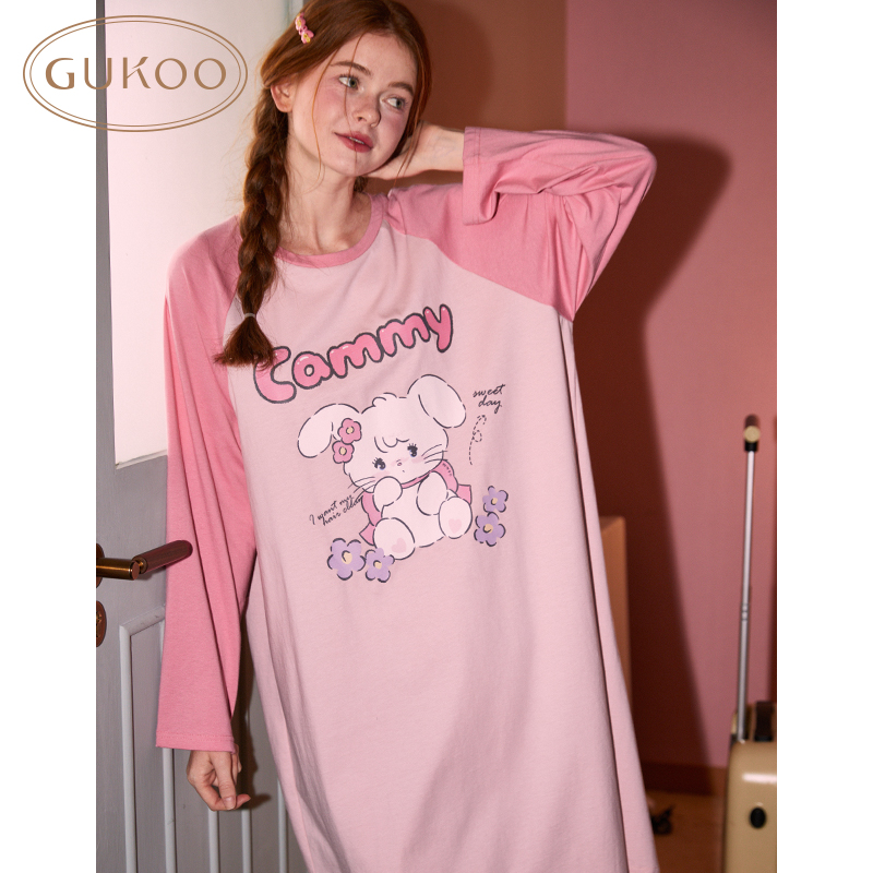 GUKOO\/果壳24年秋新款女睡裙卡通圆领中长多色女家居服套装可外穿