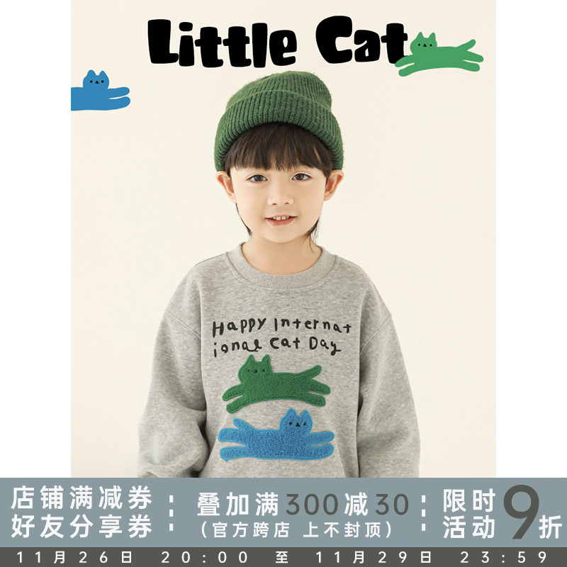 幼悠男童2024新款长袖圆领猫咪卫衣冬季时尚加绒保暖宽松百搭上衣