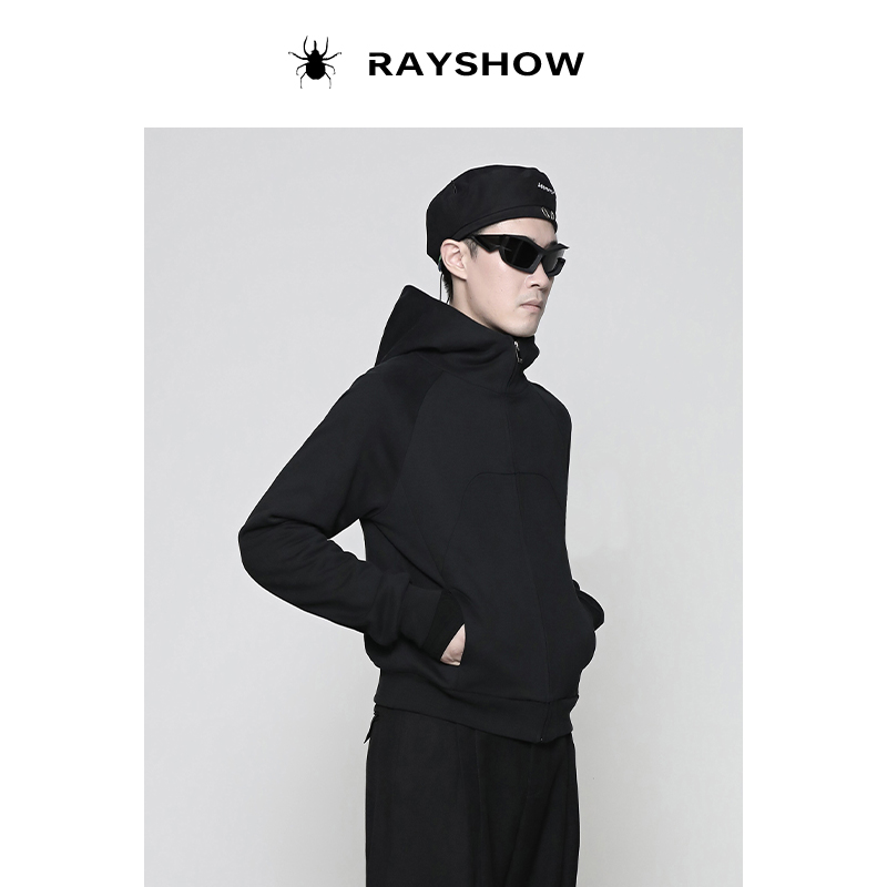 RAYSHOW·雷修｜几何分片合身干练拉链黑色帽衫 重磅长袖卫衣外套