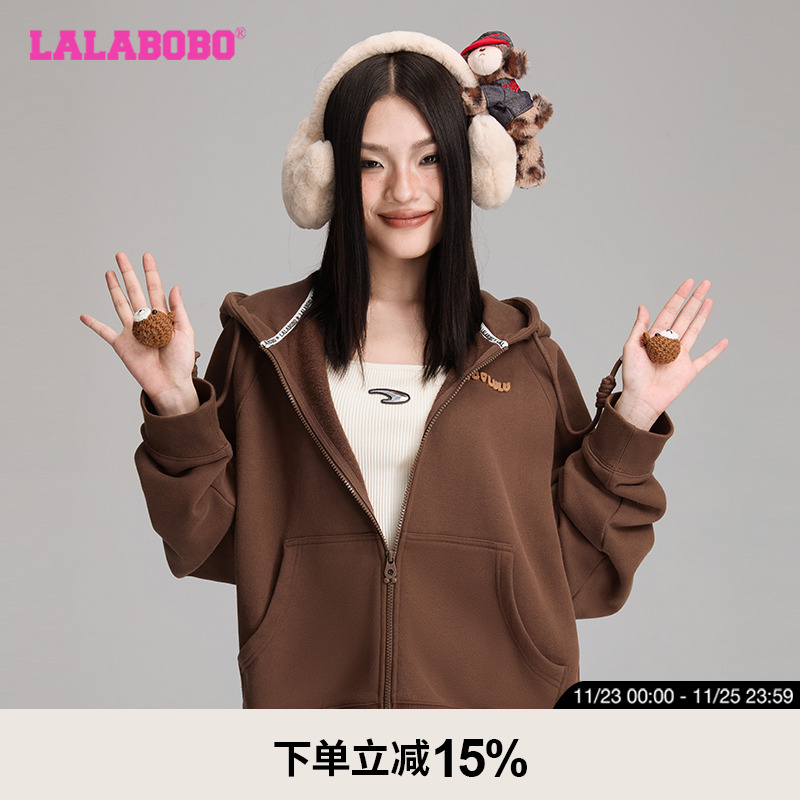 【商场同款】LALABOBO24年卫衣女原创新款长袖毛绒连帽潮上衣