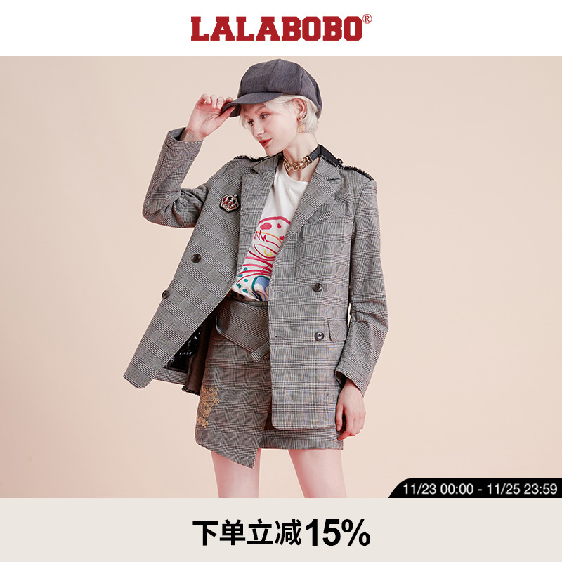 LALABOBO春秋新品款千变美妆豹牛仔拼接西装服外套女|L20C-WSXW11