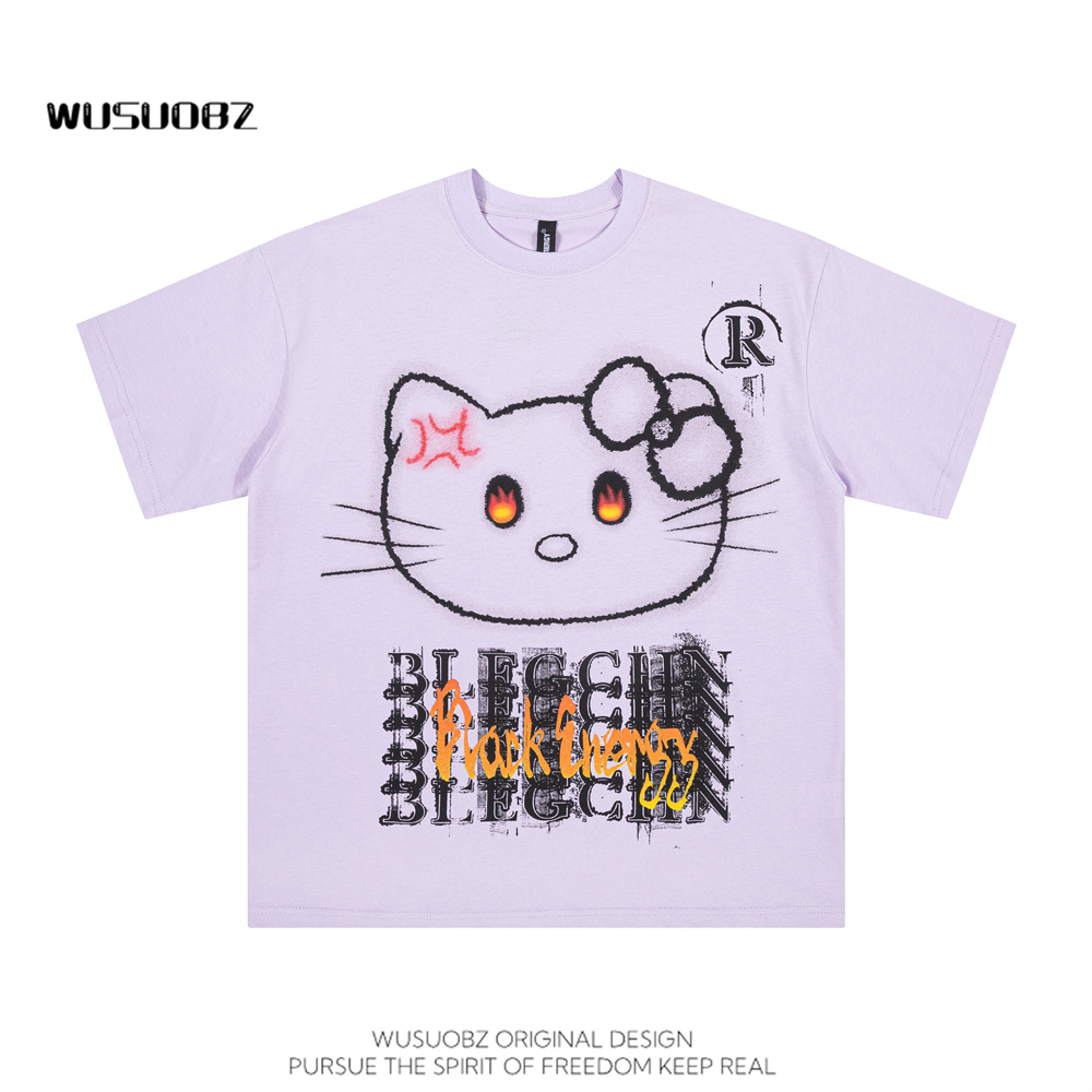 WUSUOBZ日系趣味kitty猫字母印花短袖T恤男女夏季宽松情侣半袖ins