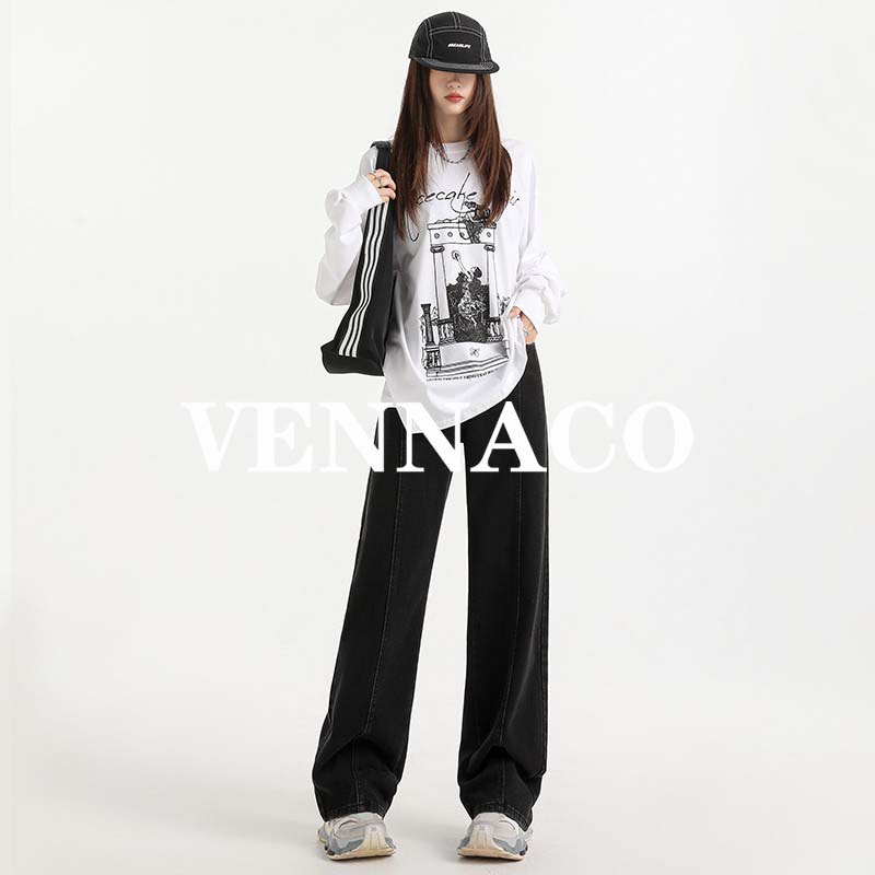 VENNACO\/维纳珂黑色阔腿牛仔裤高腰宽松显瘦绣花设计感加绒拖地裤