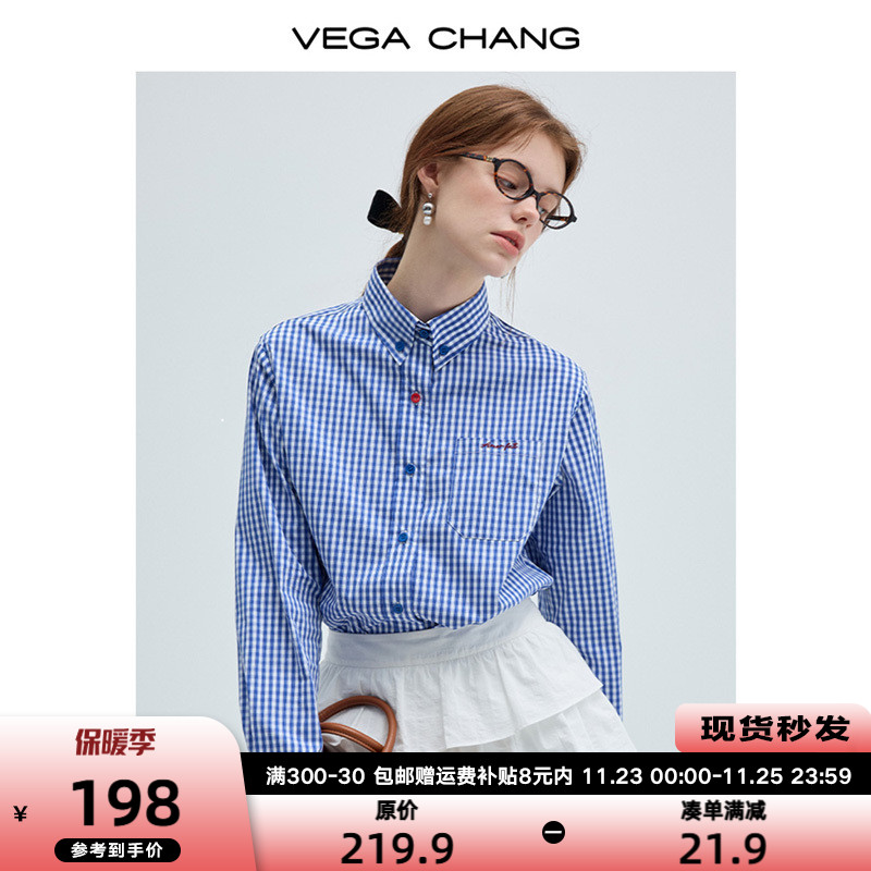 VEGA CHANG蓝色格子衬衫女2024年秋季新款文艺复古miu系长袖上衣