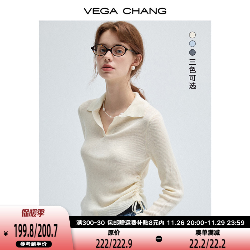 VEGA CHANG针织衫女2024秋新款修身显瘦设计感抽绳polo领长袖上衣