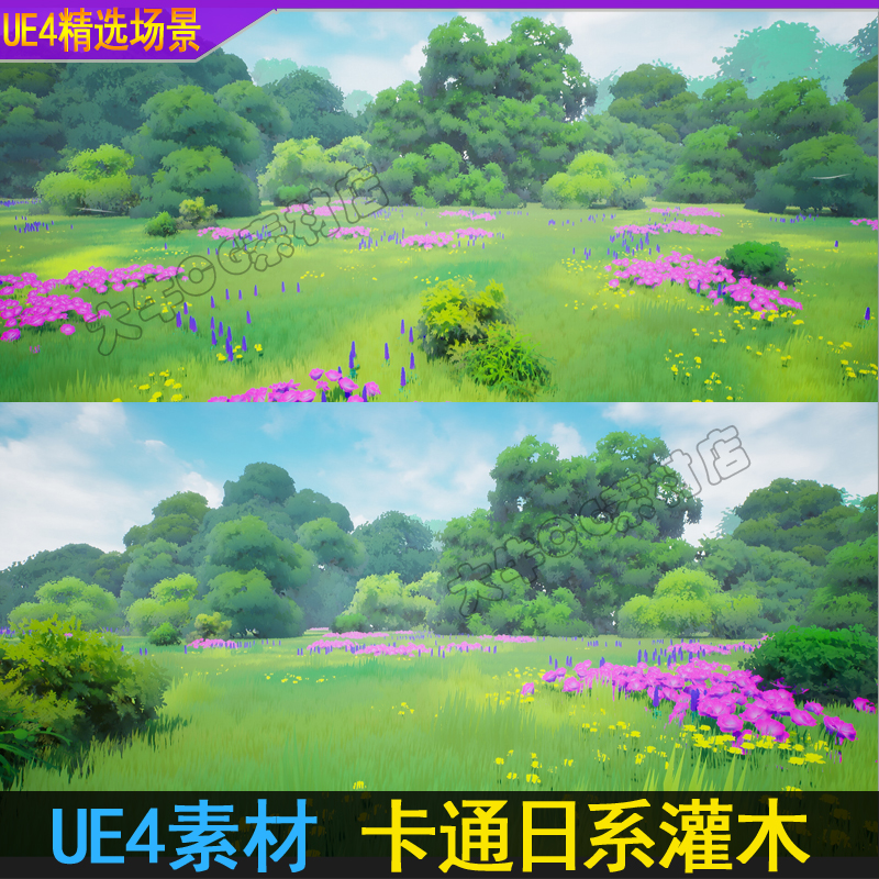 UE4虚幻5卡通灌木丛林风格化密林日系二次元小花草地远景树林场景