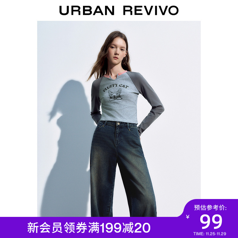 UR冬季女装时尚休闲时髦撞色复古猫咪印花T恤UWL430106