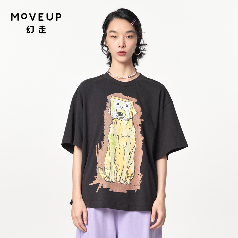 MOVEUP幻走2024春季新款.FUN系列圆领印花设计师纯棉短款T恤女