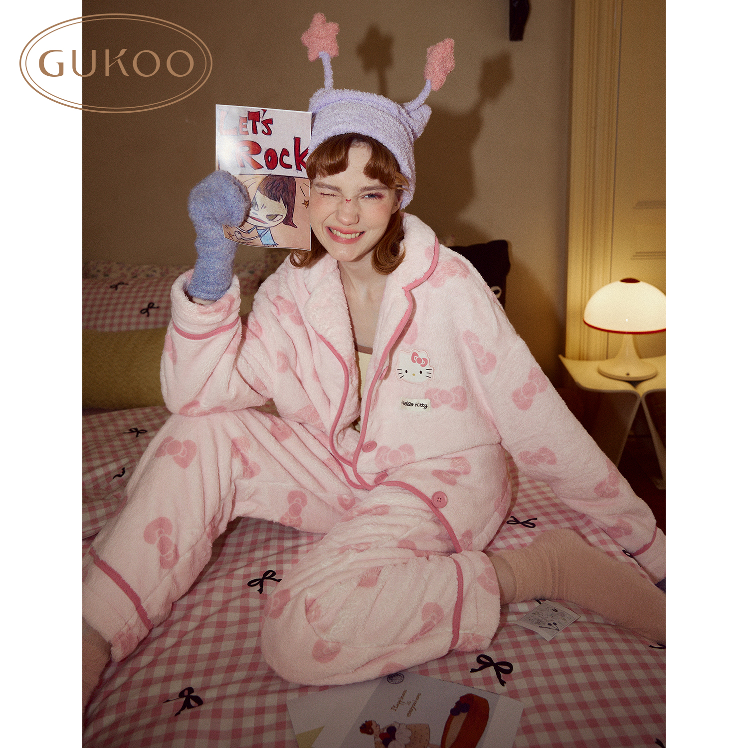 Gukoo\/果壳睡衣女冬HelloKitty联名蝴蝶结牛奶绒保暖家居服套装D