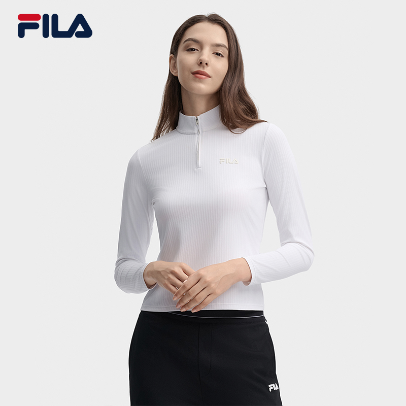 FILA 斐乐官方女士针织长袖上衣2024秋新款速干半拉链修身弹力T恤