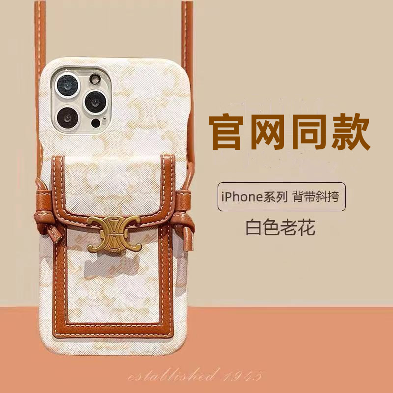 白色老花斜跨背带苹果14promax手机壳适用新款iPhone13高级感皮质15Pro牛皮挂绳12潮牌女奢华11高档奢侈插卡