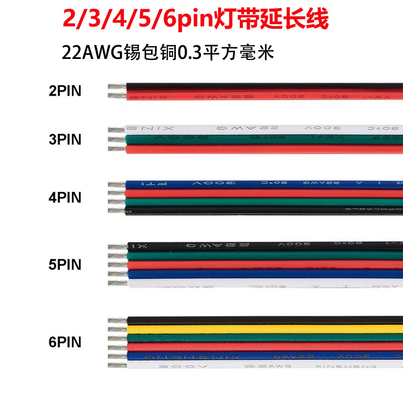 低压led灯带延长线2\/3\/4\/5pin拼并线22AWG电线0.3平方23456芯排线