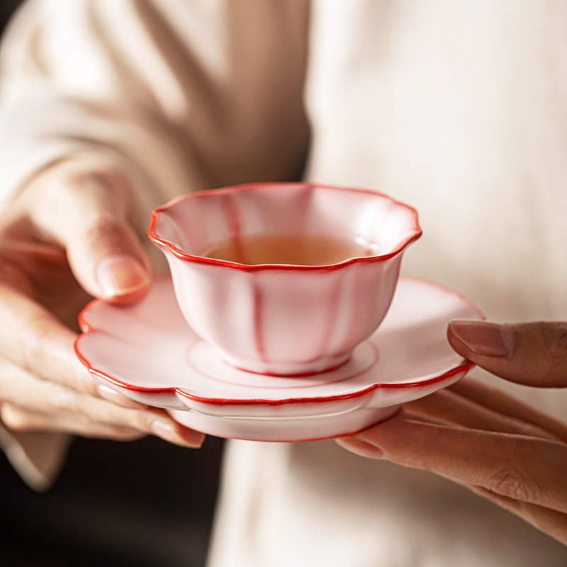 猪油冻粉色汝窑茶杯功夫茶具茶道配件茶杯垫茶托干泡盘茶壶承壶垫