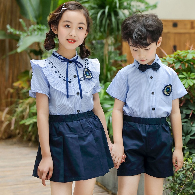 幼儿园园服英伦风夏装纯棉儿童班服小学生校服短袖毕业服条纹衬衫