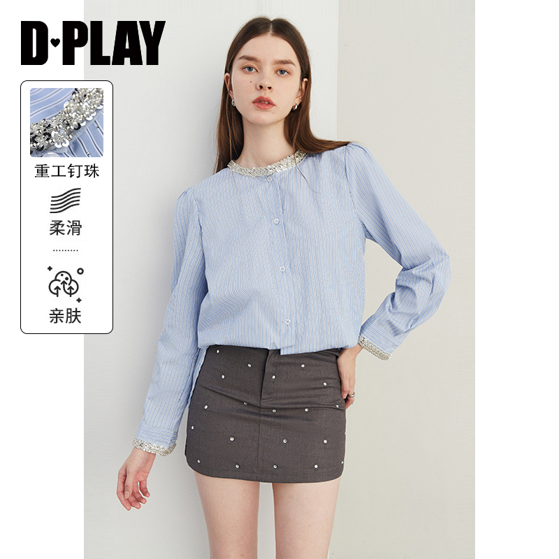 DPLAY2024秋季新款通勤长袖蓝色条纹衬衫气质圆领钉珠上衣女衬衣