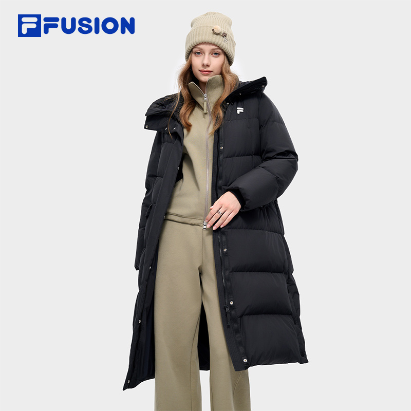 FILA FUSION斐乐潮牌长款羽绒服女2024冬季新款宽松保暖连帽外套