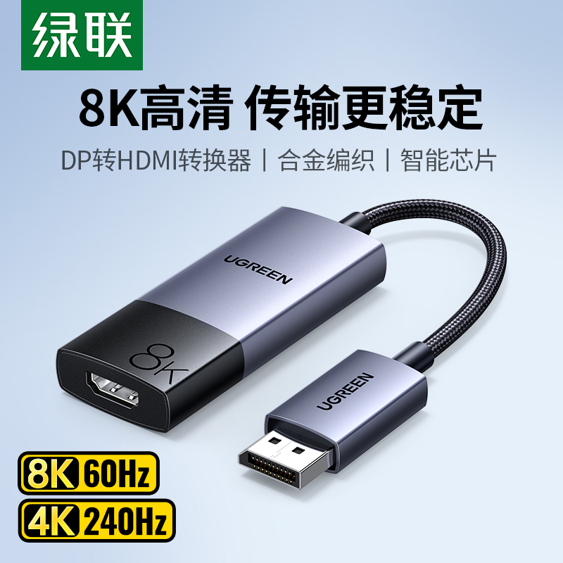 绿联dp转hdmi2.1转接头器8K高清台式机显卡拓展电视显示器连接线