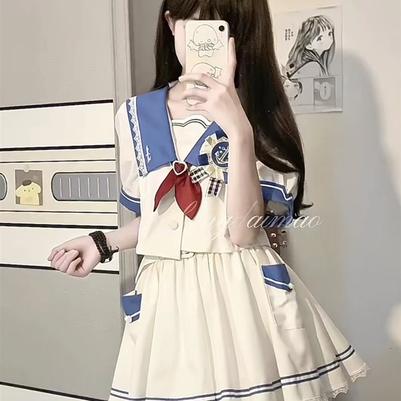 jk水手服少女感小清新撞色学院风海军领短袖上衣蓬蓬短裙甜辣套装