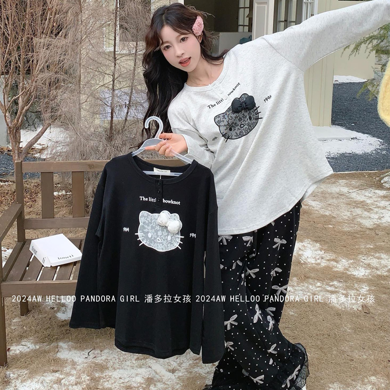 潘多拉女孩秋冬季新款睡衣女可爱卡通蝴蝶结蕾丝KT花边家居服套装