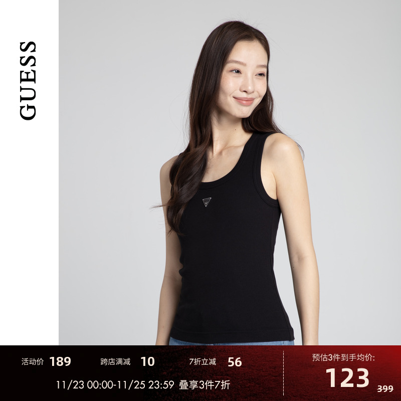 GUESS24年新款 女士纯色logo百搭罗纹背心-W4PP93K2Q40