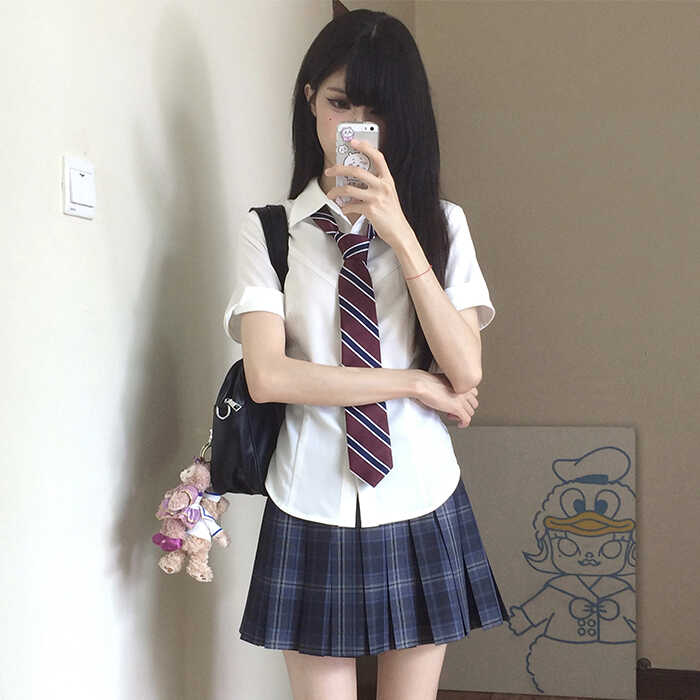 花千猪新品 小泉中白色收腰短袖衬衫女夏季学院风jk短款制服