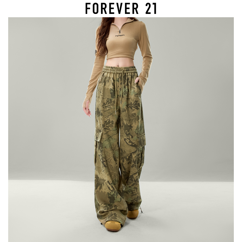 Forever 21美式复古高腰休闲裤女秋季新款迷彩印花阔腿长裤运动裤