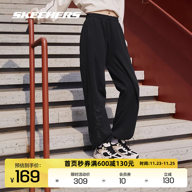 Skechers斯凯奇女裤两穿针织运动裤长加绒黑色阔腿裤休闲百搭卫裤