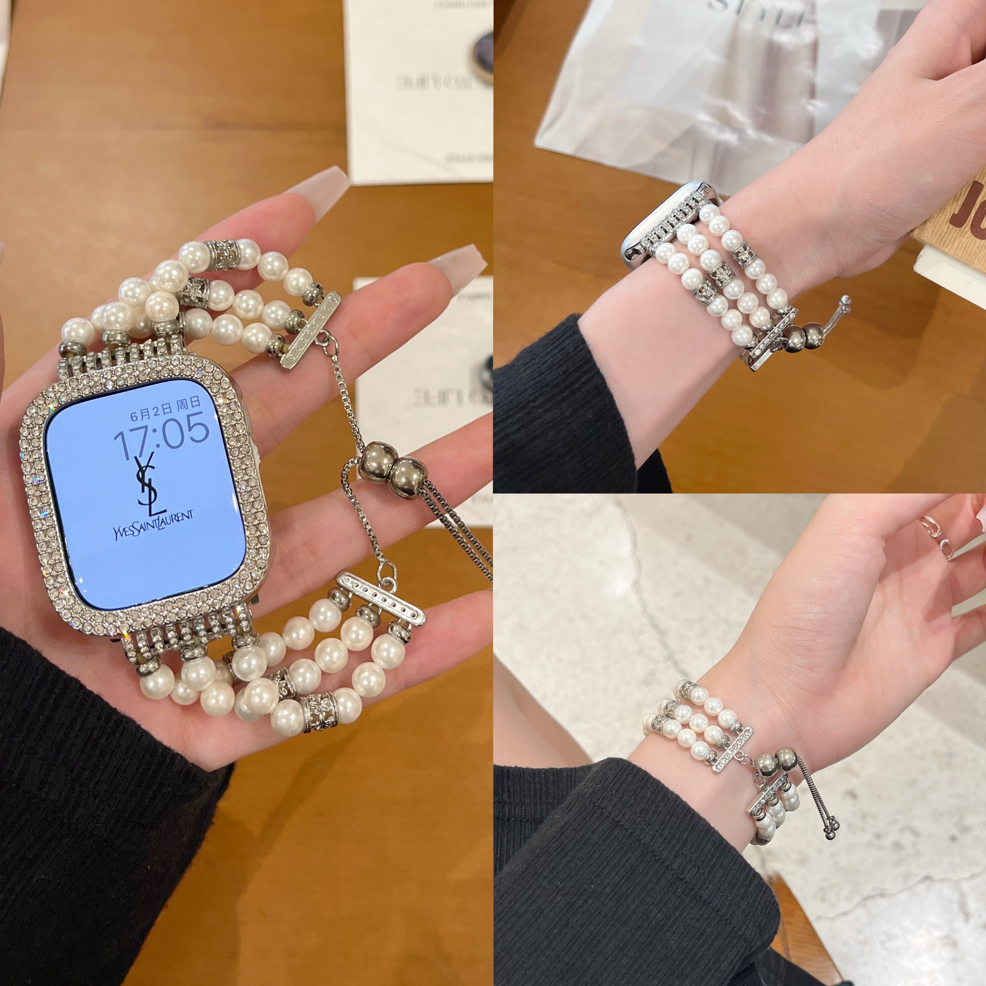 轻奢小香风珍珠表带适用于applewatch苹果手表S9876高级se女精美