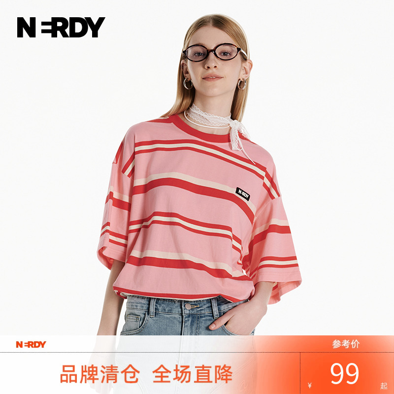 NERDY2024夏装新款情侣同款条纹短袖宽松休闲圆领上衣T恤女潮